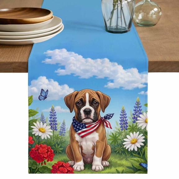 Dog 4th of July Table Runner 70 Inches, Botanical American Flag Independence Day Bed Runner Dresser Scarves Tabletop for Indoor Outdoor Parties/Ceremony/Banquet, 13" x 70"
