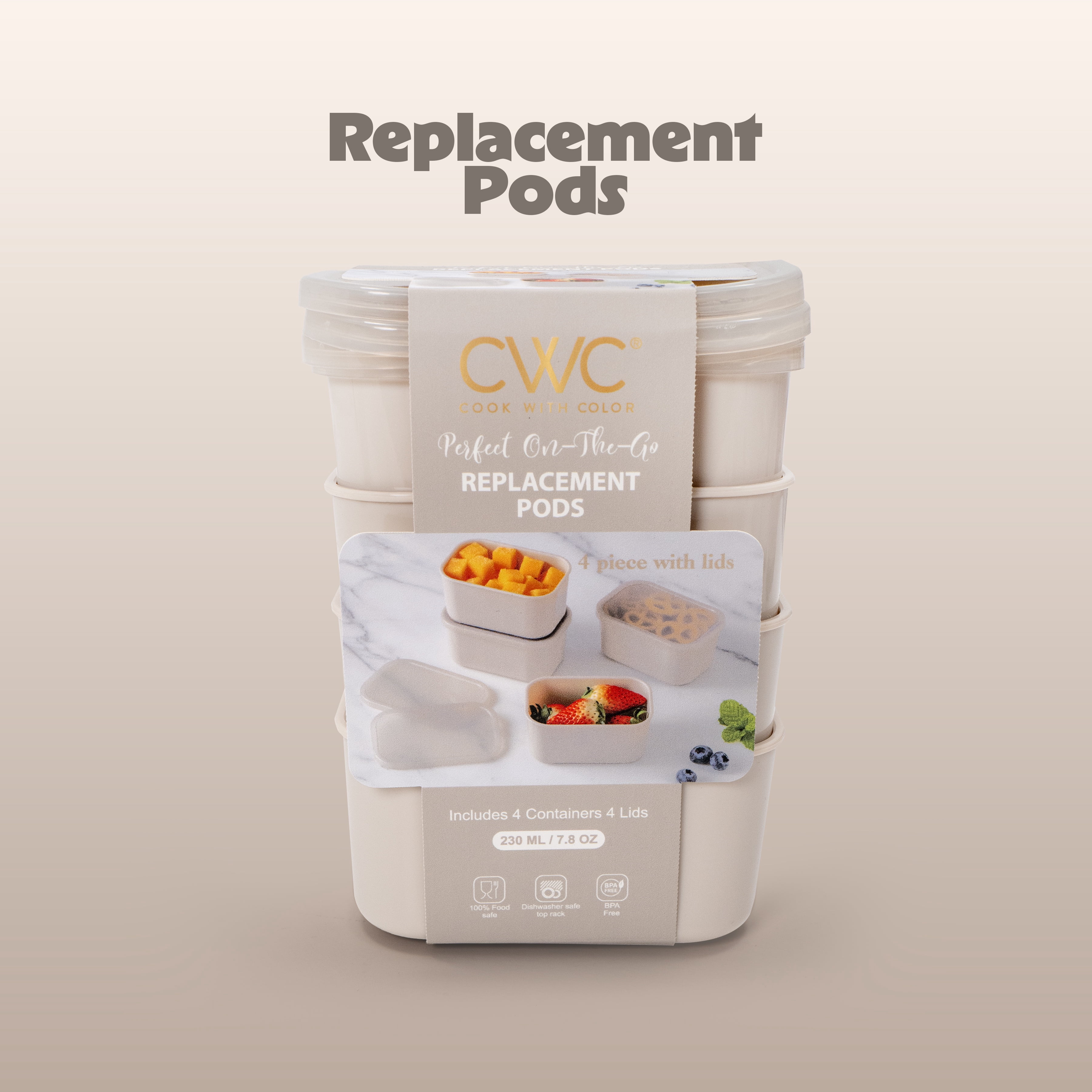 (2 pack) Cook with Color 4 Piece Snackle Box Pods with Lids, Taupe, Portable and Dishwasher Safe, Well Suited for Sauces, Snacks, and Small Lunch Items