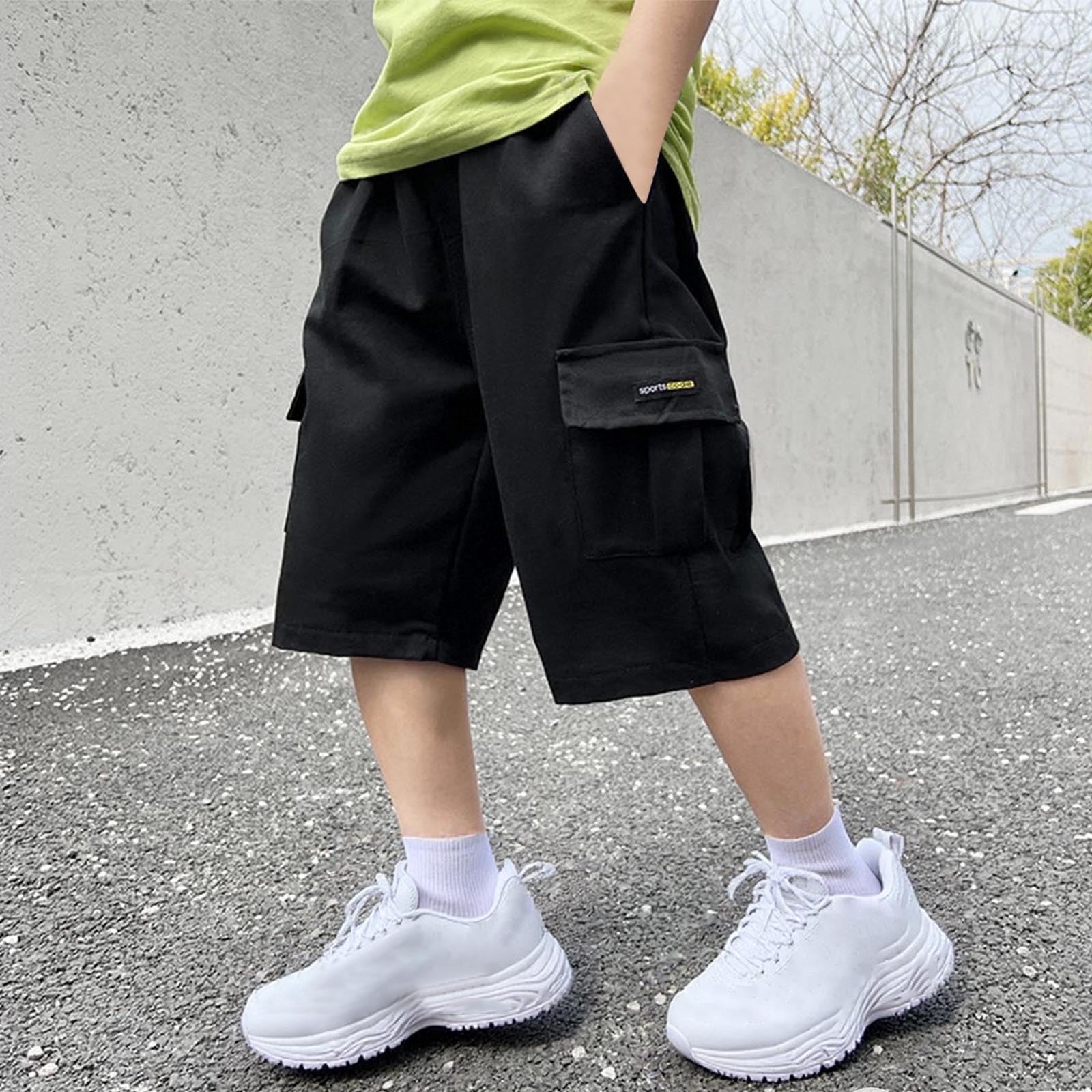 Cethrio Boys Cotton Cargo Shorts Knee Length Summer Athletic Shorts with Pockets Black Size 13-14T