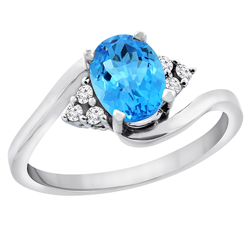 10K White Gold Diamond Natural Swiss Blue Topaz Engagement Ring Oval 7x5mm, sizes 5 10 by WorldJewels