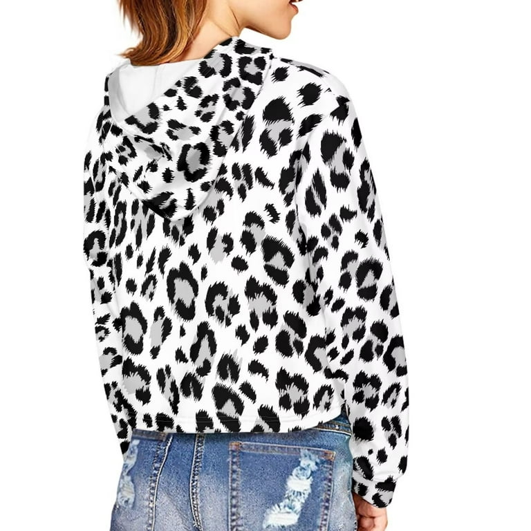 FKELYI White Leopard Print Crop Tops Hoodies Size 11 12 Years Soft Leisure Long Sleeve Sweatshirts for Youth Girls Comfy Party Hooded Pullover Tops