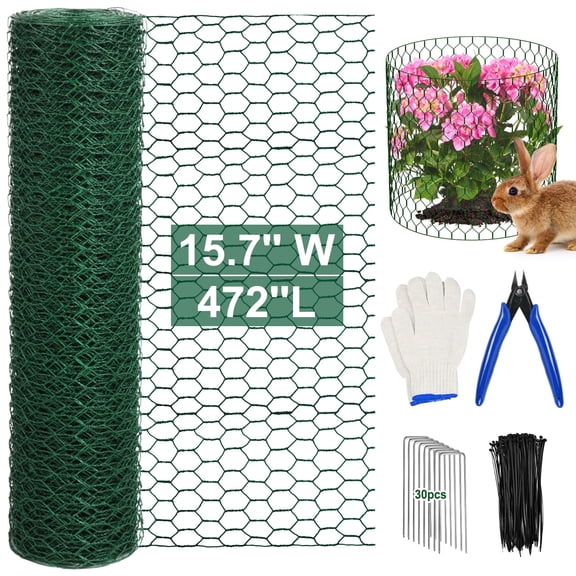 Green Chicken Wire Fencing, 15.7in(H) x 39.4 ft(L) Hexagonal Galvanized PVC Coated Netting Fence for Crafts, Poultry, Garden