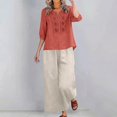 thumbnail image 3 of Womens 2 Piece Outfits 3/4 Sleeve Cotton Linen Embroidered Shirts Wide Leg Capri Pants with Pockets Matching Sets, 3 of 6