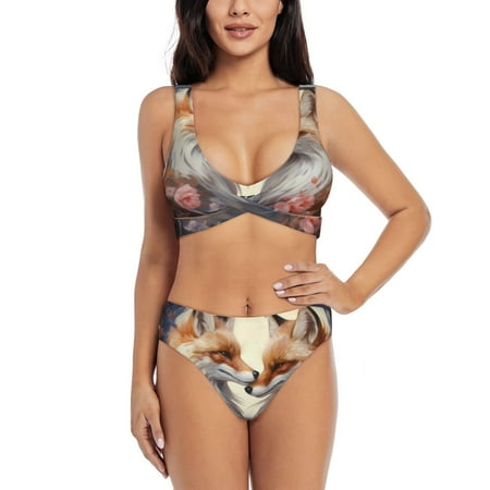 Zeuib Romantic Flower Fox High Waisted Tummy Control Bikini Set - Knot Front Push Up Top & Cheeky Thong Bottom  Two-Piece Swimsuit for Women-Medium