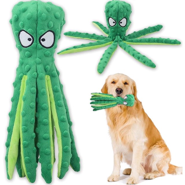 Squeaky Dog Interactive Play Toy,No Stuffing Octopus Dog Chew Toy with Crinkle Paper for Medium and Large Dog Playing (Green)