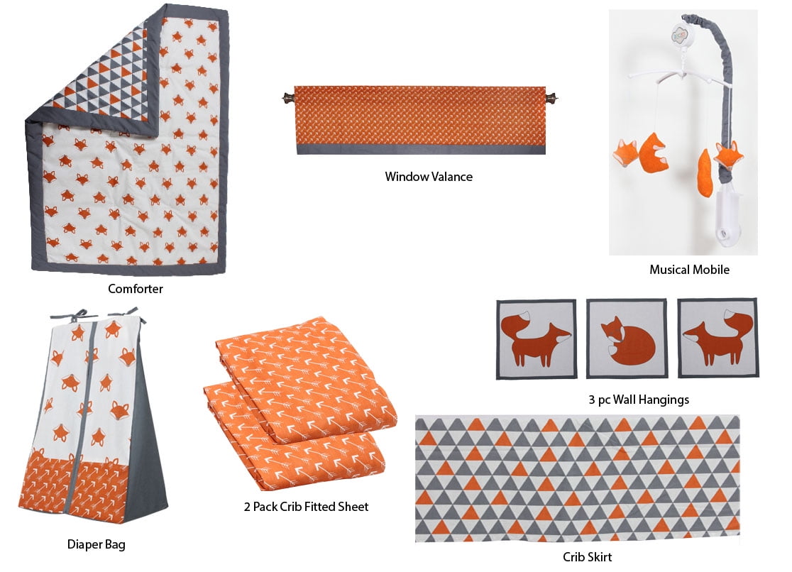Bacati Contemporary 200 10 Piece, Crib with Comforter, Sheets, Crib Skirt, Mobile, Diaper Stacker, Wall Hangings, Window Valance