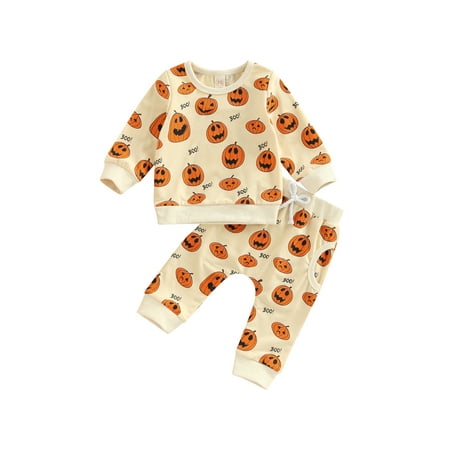

Diconna Baby Boys Girls Halloween Outfits Long Sleeve O Neck Pumpkin Print Tops + Gray Drawstring Pants Apricot 3-6 Months