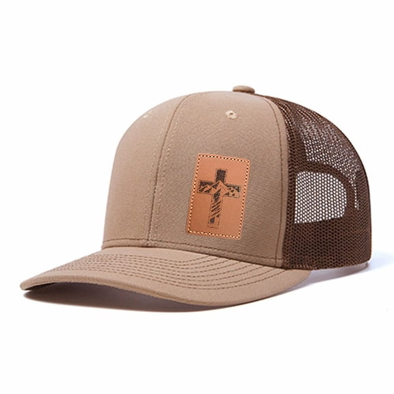 Vergiac Cross Letter Leather Patch Trucker Hat, Men Adjustable Breathable Mesh Baseball Cap for Outdoor Travel Daily Casual Outfits