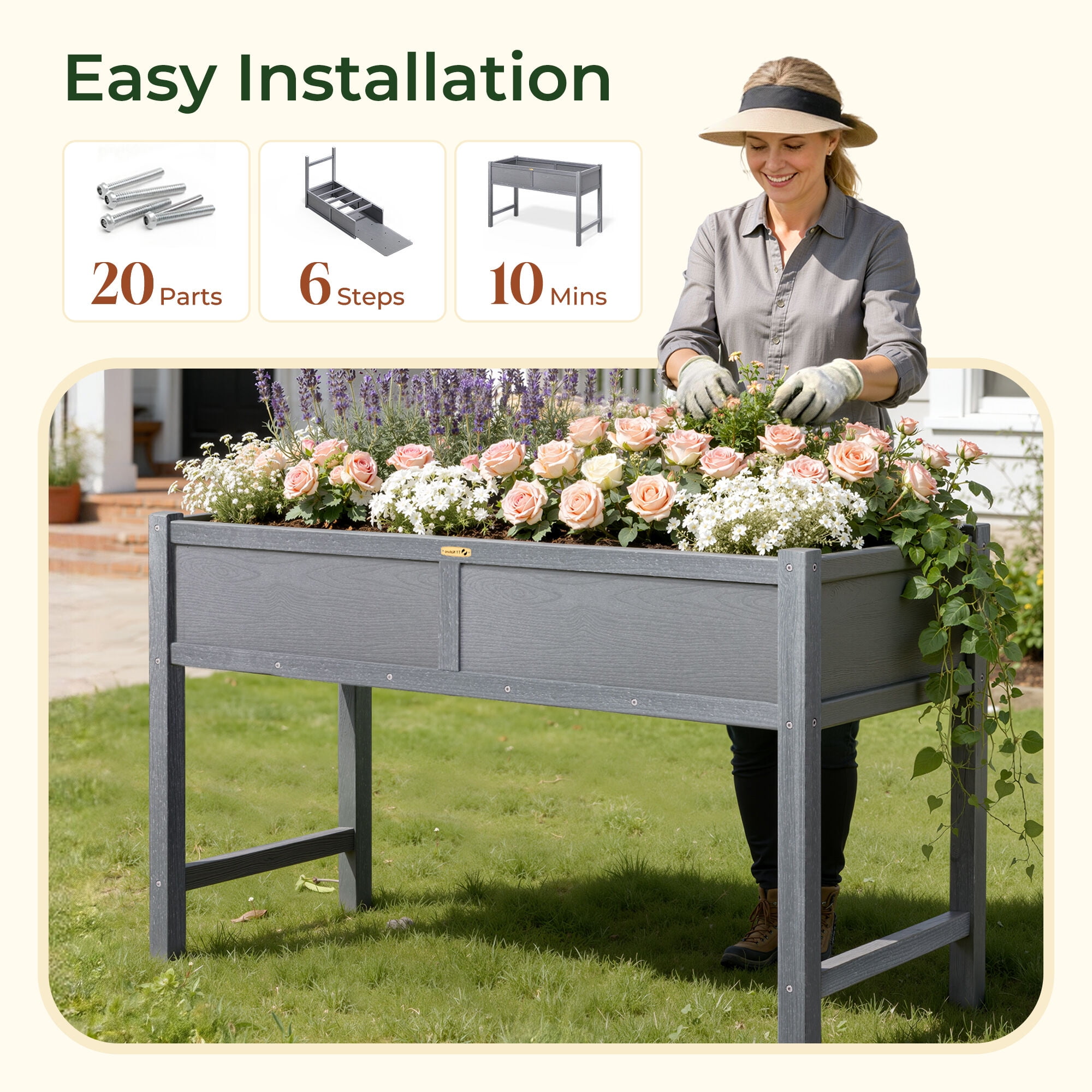 TT Nature Raised Garden Bed 47x22x30 in HDPE Elevated Planter Box for Vegetables, Herbs, Flowers - Outdoor Garden Bed for Patio, Balcony, Backyard