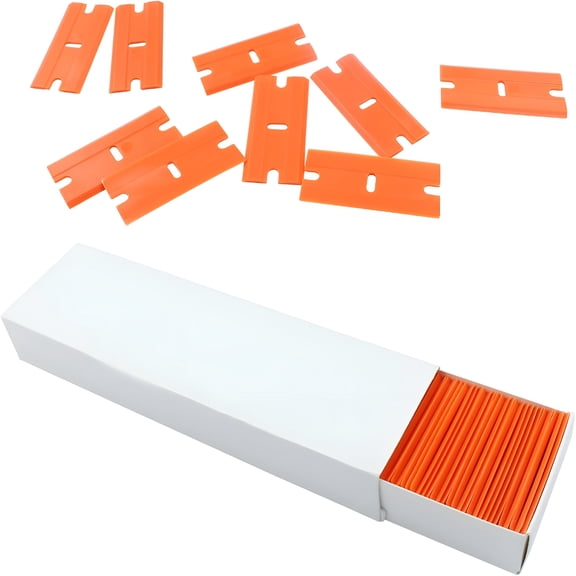 XIBUFE 100Pcs Plastic Razor Blades,Double Edged Plastic Blades,Safety Glass Scraper Blades for Cleaning Glass Removing Adhesive Residue (Orange)
