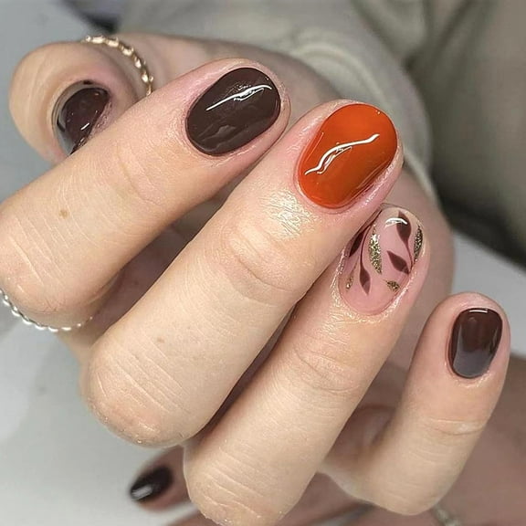 Cute Flower Press on Nails Short Square Fake Nails Purple Glitter Glue on Nails Glossy Reusable Stick on Nails for Women DIY Acrylic Manicure Multicolor Leaf Solid Color