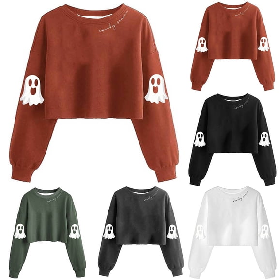 ibiyuan Sweatshirts for Women Halloween Crewneck Casual Halloween Oversized Shirts for Women Spooky Season Boo Ghost Pumpkin Cotton Sweater Long Sleeve Pullover Top Halloweens Gifts for Her