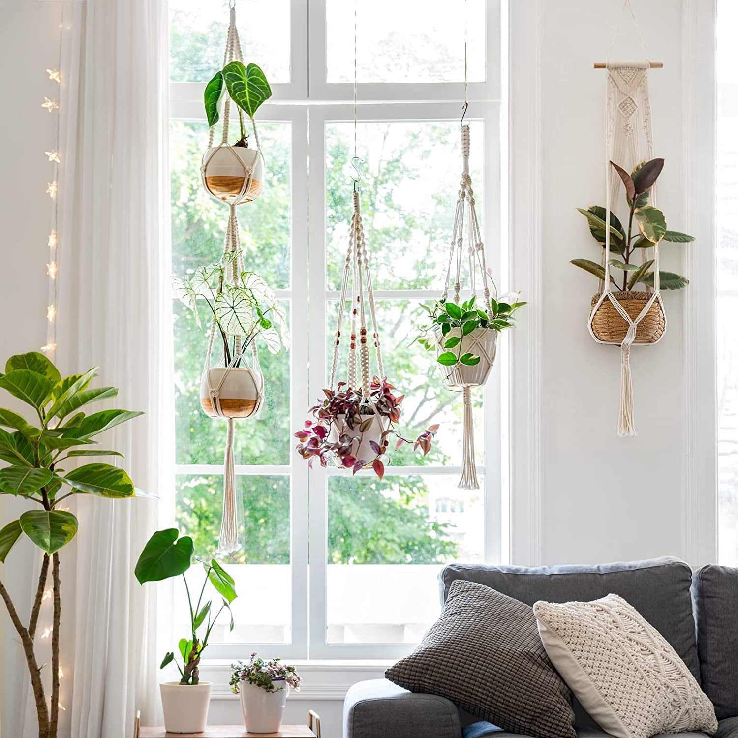 4PCS Macrame Plant Hangers, Indoor Hanging Planter Basket, Wall Decorative Flower Pot Holder with 4 Hooks for Indoor Outdoor Home Decor Gift Box