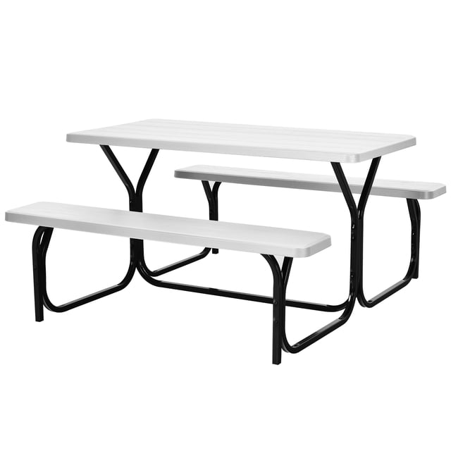 Patiojoy Outdoor Picnic Table Bench Set Patio Camping Table w/Steel Frame & Wood Texture Tabletop for Garden White