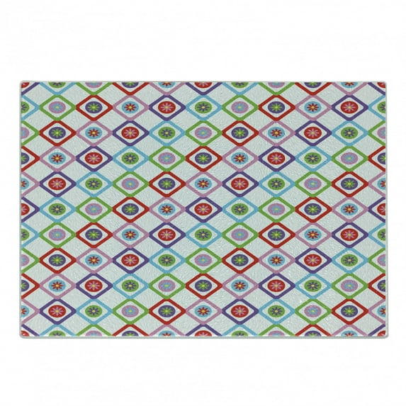 Floral Cutting Board, Abstract Squares with Flowers Spring Summer Blooms Nature Revival Patchwork Print, Decorative Tempered Glass Cutting and Serving Board, Small Size, Multicolor, by Ambesonne