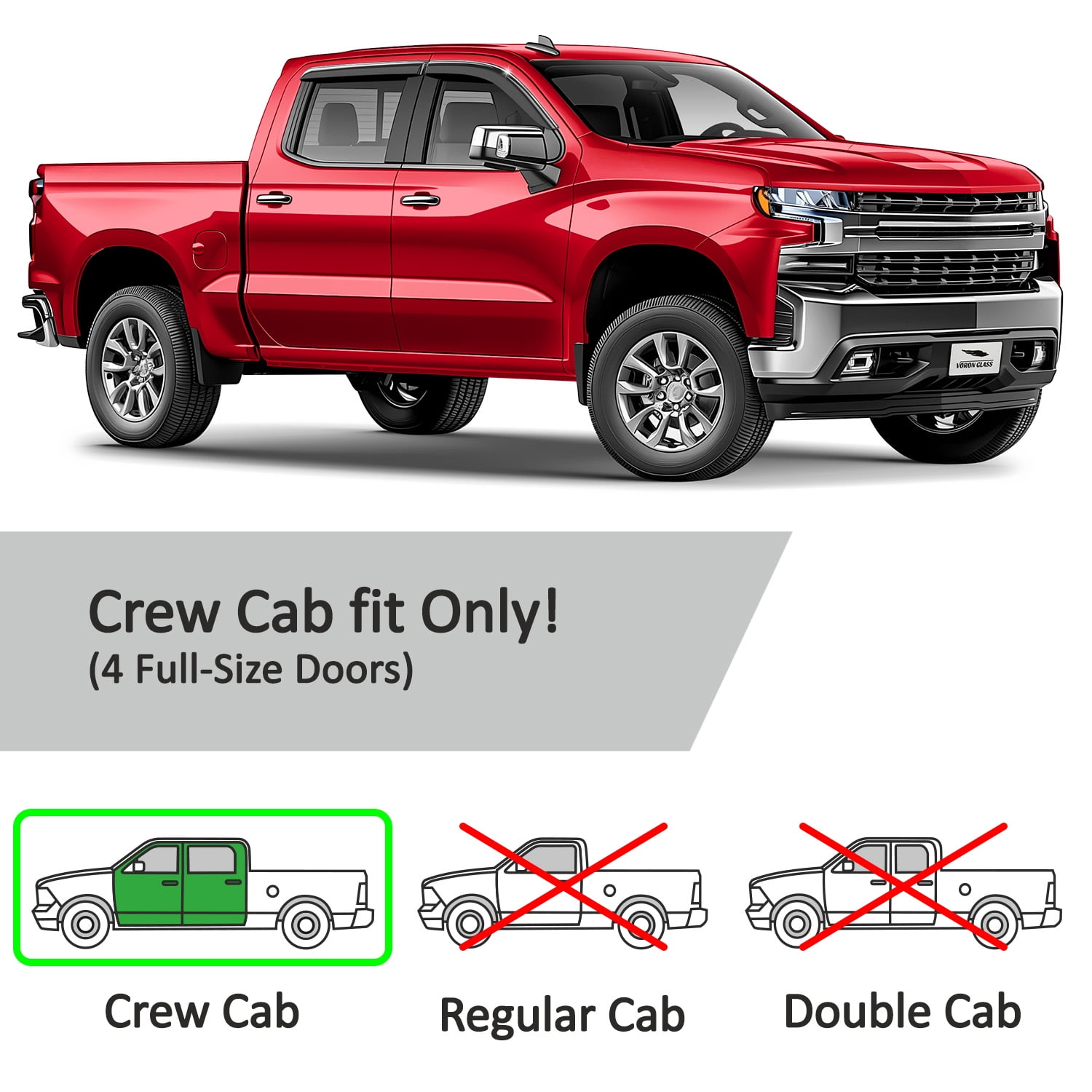 Voron Glass Chrome Trim Tape-on Extra Durable Rain Guards for Chevrolet (Chevy) Silverado 1500,2500,3500 2019-2026 Crew Cab, Window Deflectors, Vent Window Visors, 4 Pieces - 100486