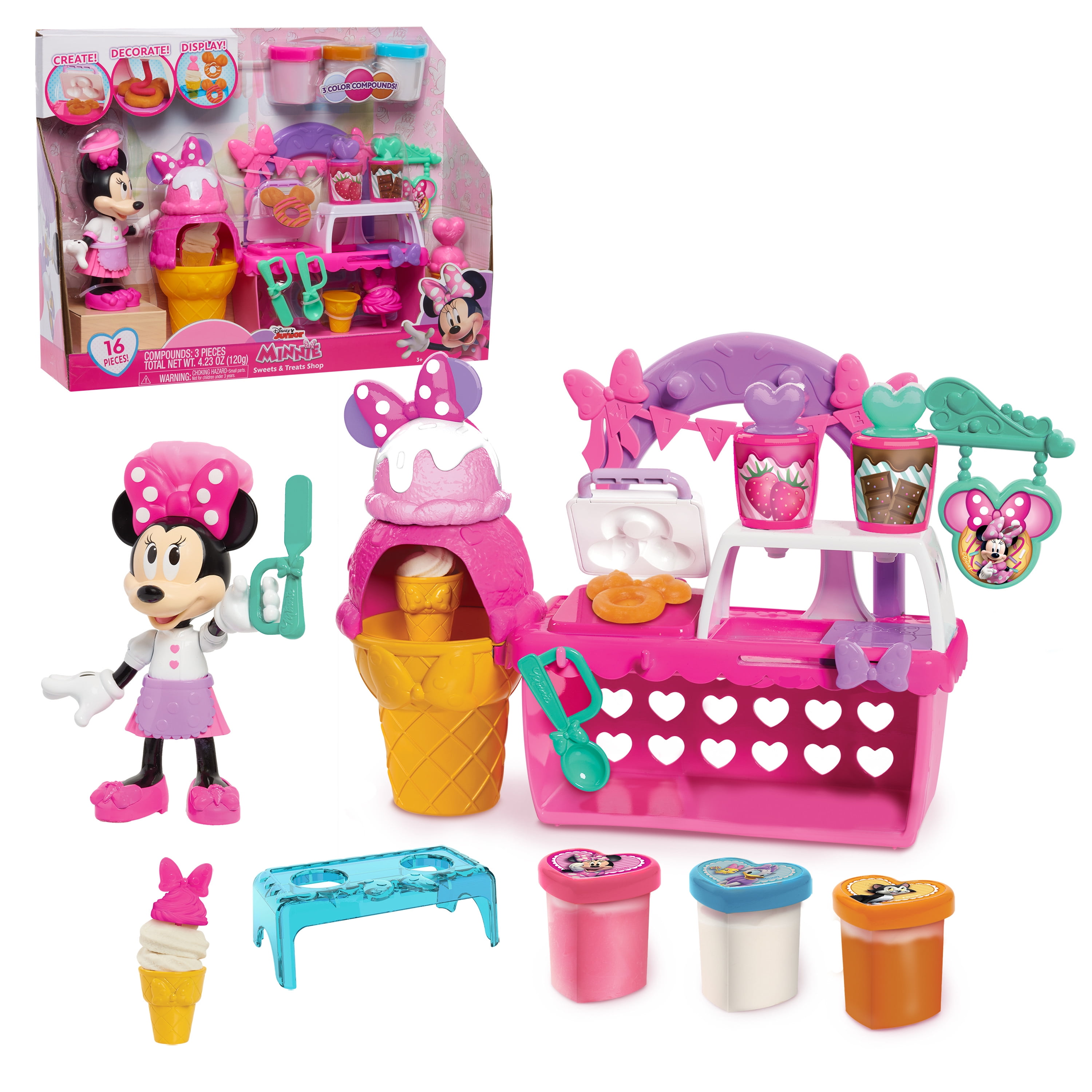 Disney Junior Minnie Mouse Sweets & Treats Shop, 16 Piece Pretend Play Food Set with 3 Modeling