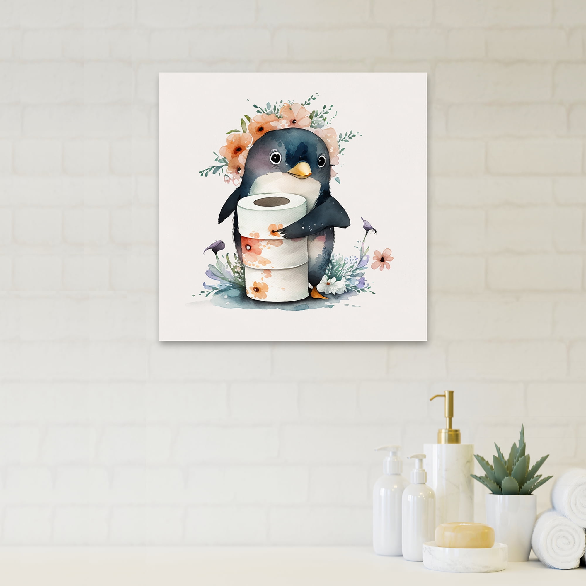 Designart Penguin With Roll Of Toilet Paper And Flowers Canvas Wall Art