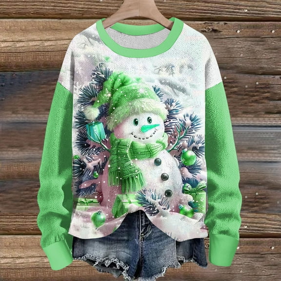 Riecok Christmas Pullover Sweatshirt for Women Long Sleeves Round Neck Winter Christmas Funny Graphic Outfit Holiday Sweatshirts Comfy Loose Blouse Tops Green M