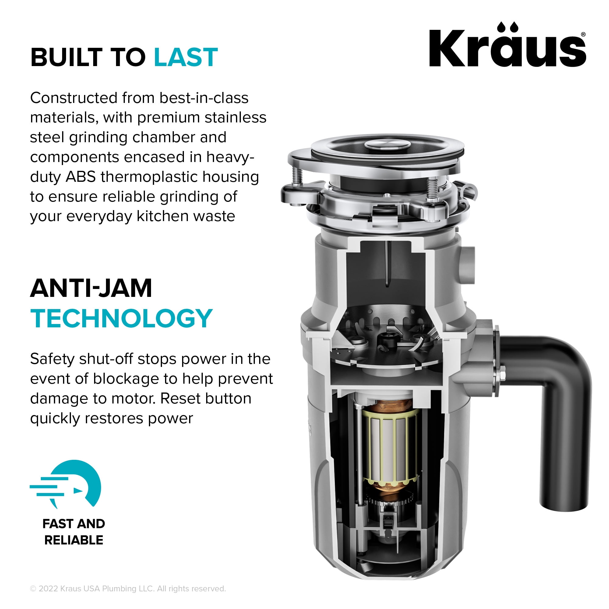 KRAUS WasteGuard High-Speed 1/2 HP Continuous Feed Ultra-Quiet Motor Garbage Disposal with Power Cord and Flange Included and Universal Mount