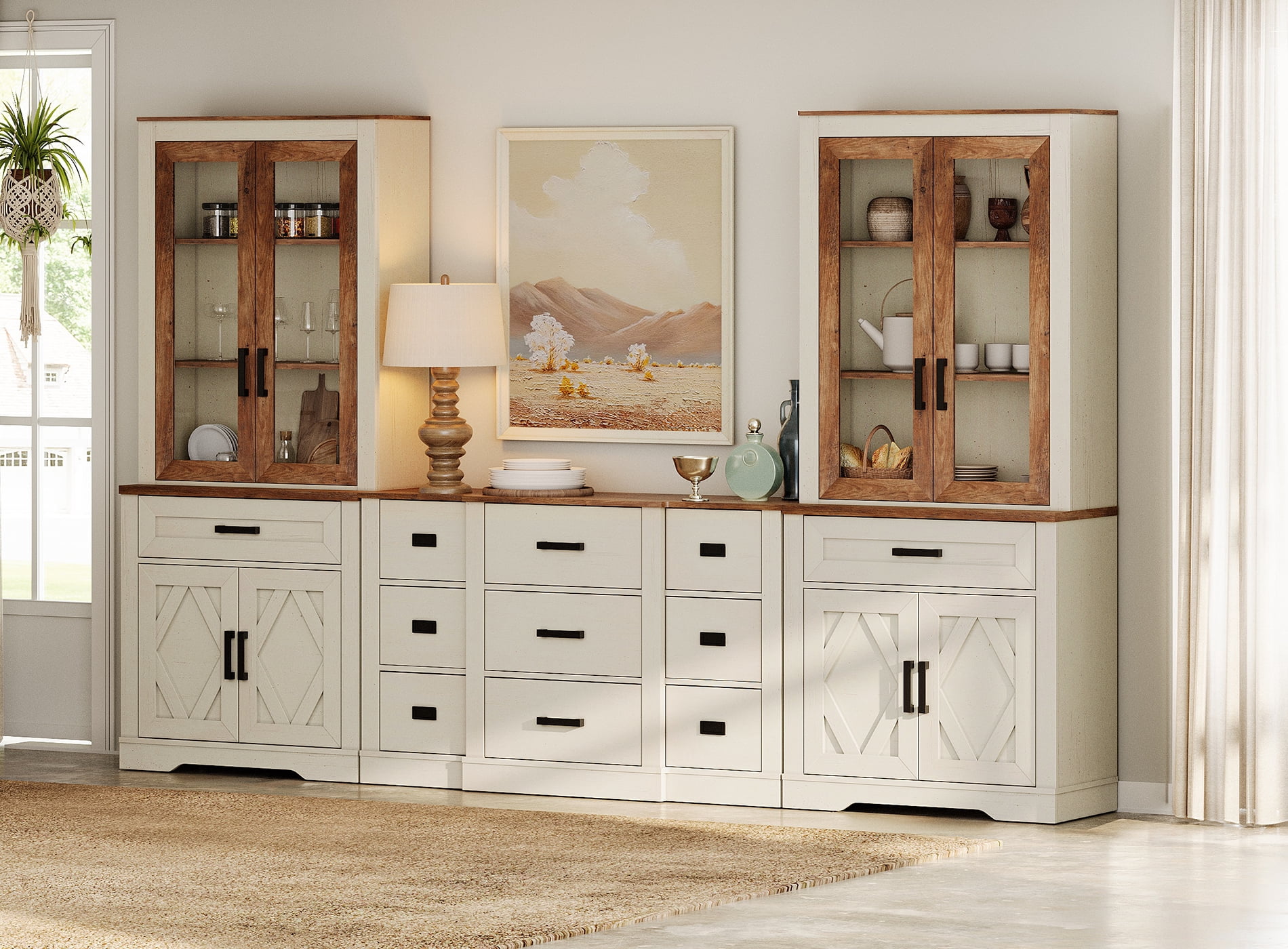 WAMPAT Farmhouse Entertainment Center with Bookshelf for TVs up to 60",Mid Century Modern TV Stand with 73"H Tall 5-Tier Bookcase with 2 Drawers and Glass Doors for Living Room,Bedroom, White Oak
