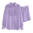 thumbnail image 4 of Ksrymi Matching Sets Women Clothing Striped 2-Piece Outfit: Oversized V-Neck Collared Long Sleeve Button-Down Shirt with Rollable Cuffs & Elastic Waist Shorts with Pockets Jumpsuits for Women Dressy, 4 of 5