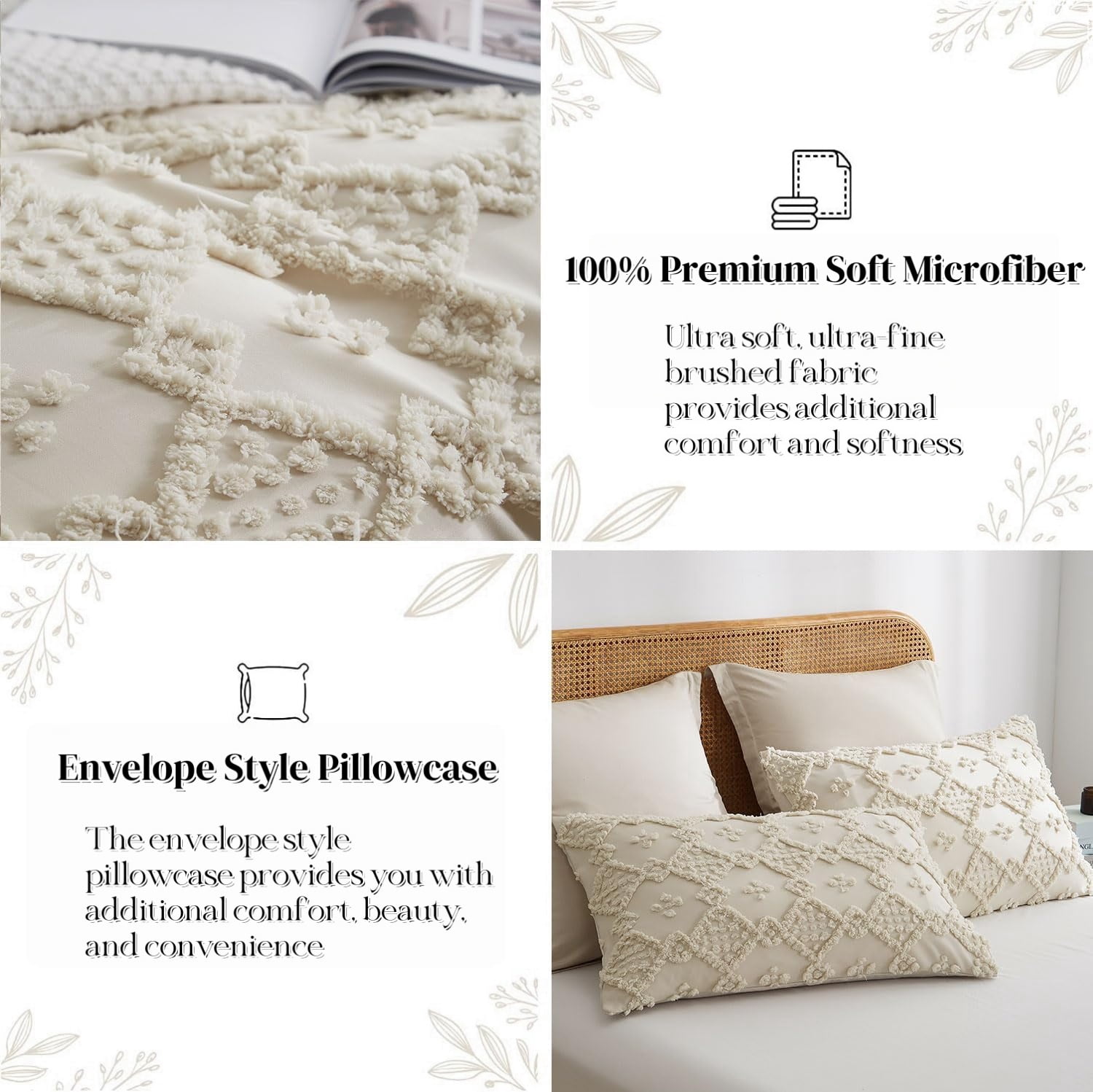 JOLUSERE Beige Tufted Duvet Cover Queen Set, 3 Pieces Boho Ultra Soft Particles Embroidery Bedding Set for All Season