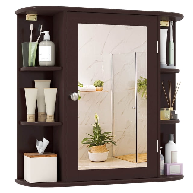 Costway Multipurpose Mount Wall Surface Bathroom Storage Cabinet Mirror Brown