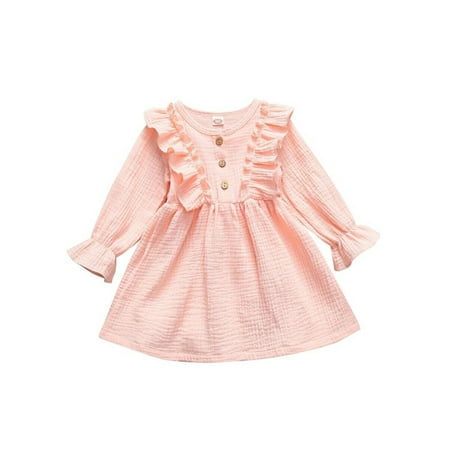 

Kids Girls Autumn Solid-Color O-Neck Flower Long-Sleeves Ruffle Dress