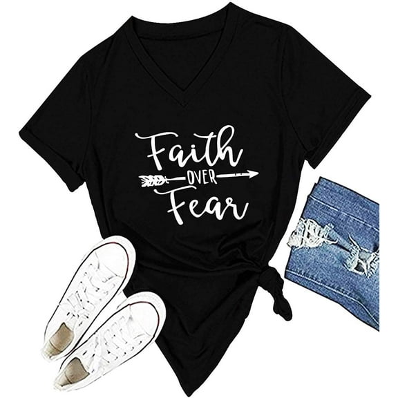 Women Cross Faith T-Shirt Printed V-Neck Casual Short Sleeve Graphic Cute Tops Black 2X-Large