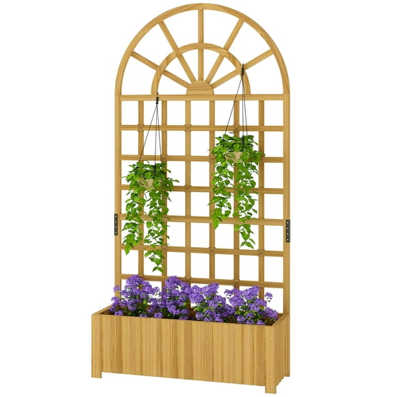 Wooden Raised Garden Bed with Curved Lattice Trellis, Natural Fir Wood Elevated Planter Box with Drainage, 35.4"L x 70.9"H, for Flowers and Herbs in Patio, Balcony or Garden