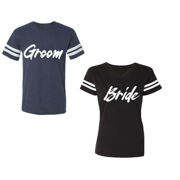 Groom BrideUnisex Couple Matching Cotton Jersey style T-Shirt Contrasting stripes on sleeves (Men Navy / Women Black) (Men S / Women S)