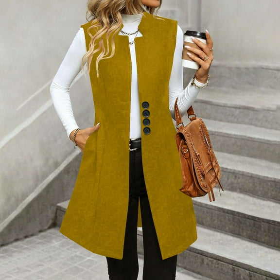 BLTIBY Women's Sleeveless Cardigan Vest Fall Casual Long Blazer Waistcoat Open Front Business Office Button Down Jacket with Pockets Yellow XL
