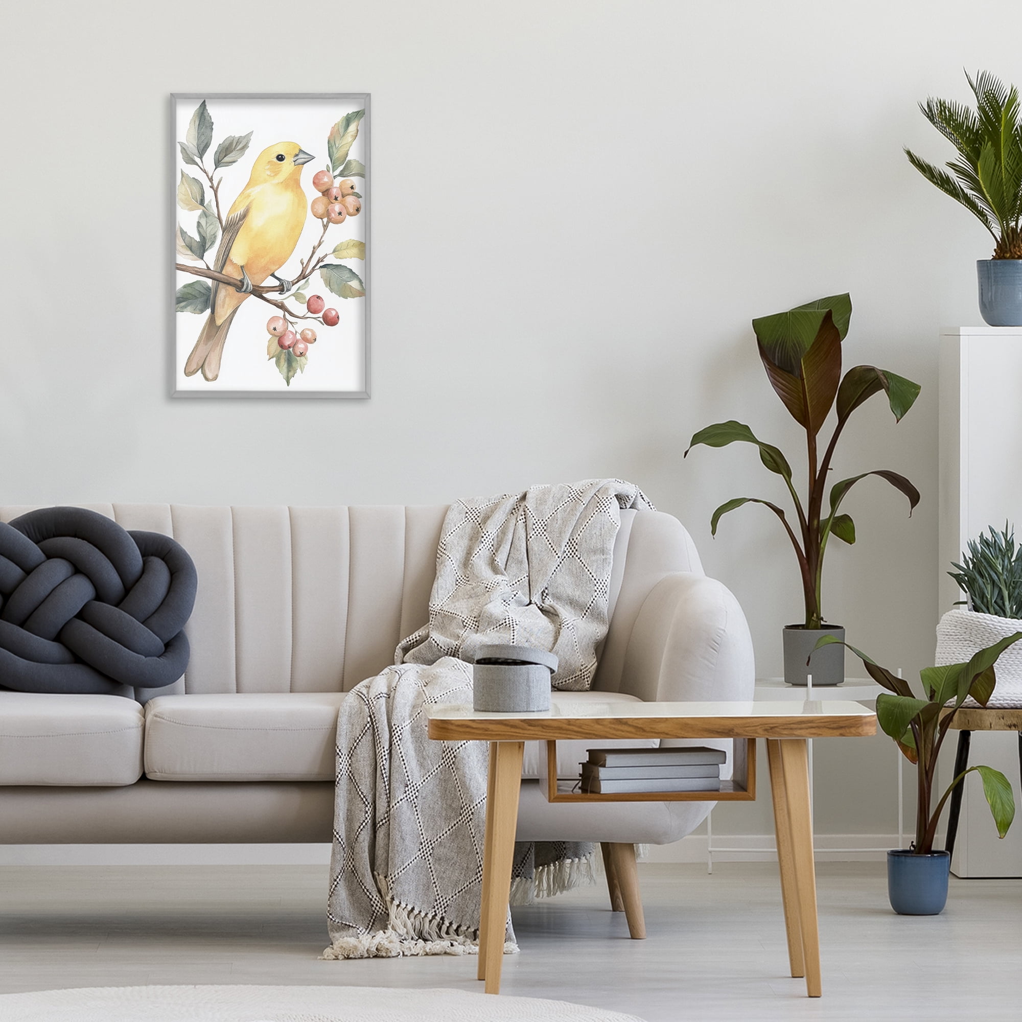 Stupell Industries Sun Lit Bird on Branch Gray Framed Giclee Art, design by Petal Prints Design