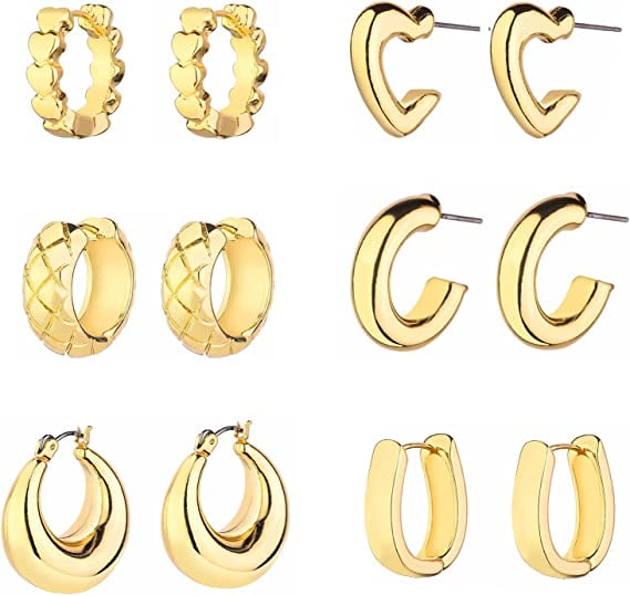 Wgoud 14K Gold Hoop Earrings for Women Hypoallergenic, 6 Pack Chunky Huggie Hoops Earring Set
