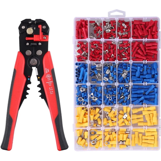 Juego de herramientas de engarce, pelacables de 0,5 a 6,0 mm, engarce de 0,2 a 6 mm con 500 conectores aislados, incluye terminales macho, hembra, de pala, de bala, de anillo y de empalme a