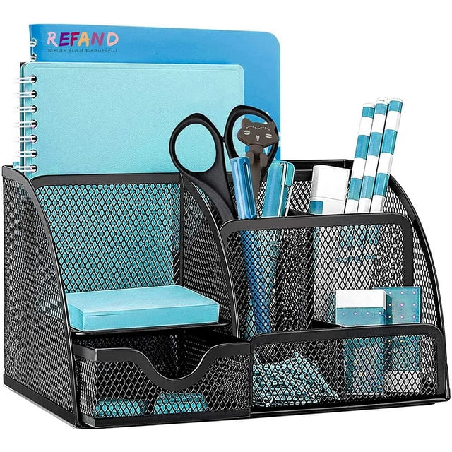Mesh Desk Organizer by XUYIDAN, a black metal multi-functional caddy with 6 compartments and 1 mini drawer. Designed to hold pens, scissors, sticky notes, notebooks, and other office supplies. Compact size of 8.7 x 5.5 x 5 inches, ideal for office, home, school, or classroom use.