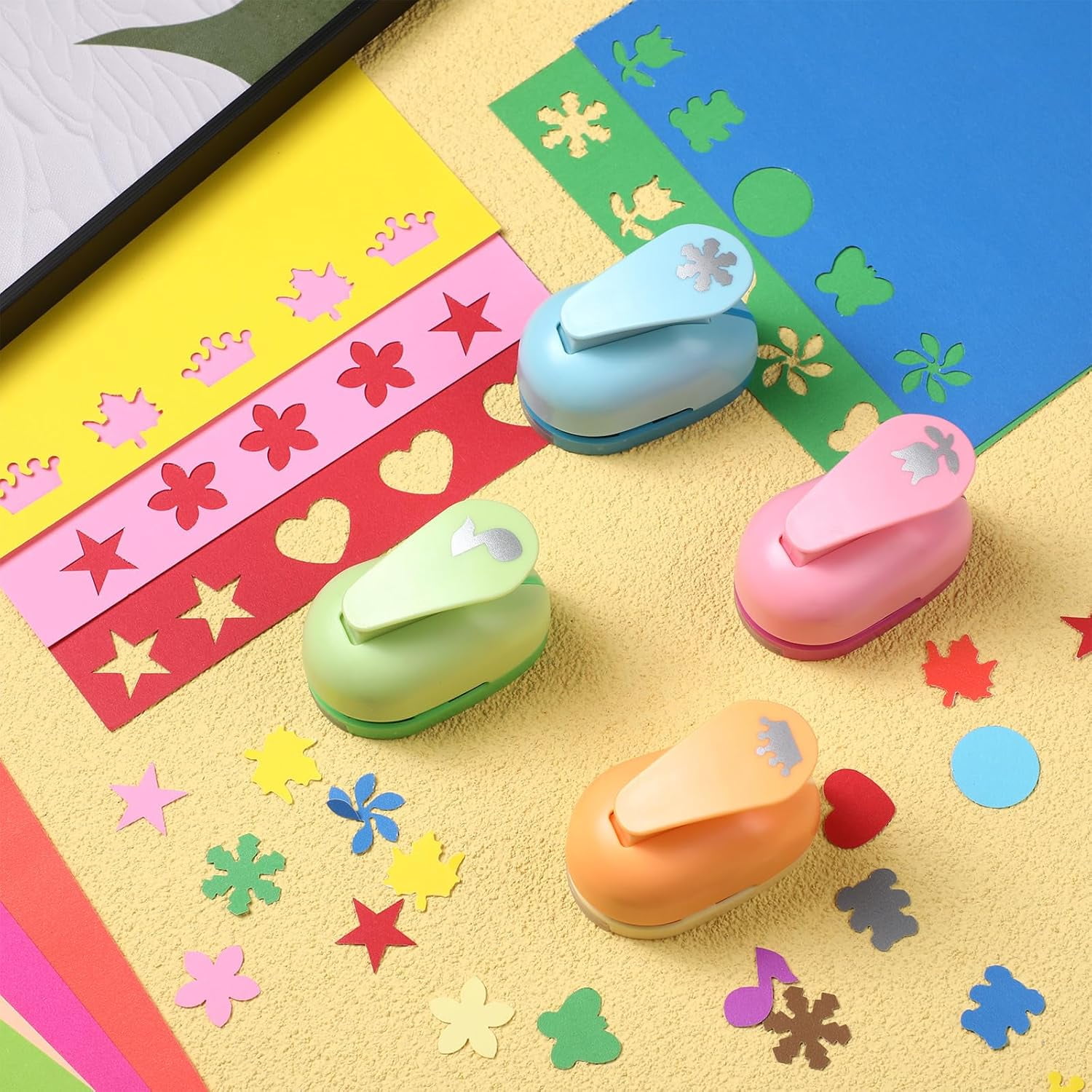 12 Pcs Craft Holes Punch Paper Punchers Scrapbook Punches with Craft Sticker Paper, Round, Maple Leaf, Star, Heart, Bear, Snowflake, Flower, Butterfly Shape, 1 Inch, 12 Shapes