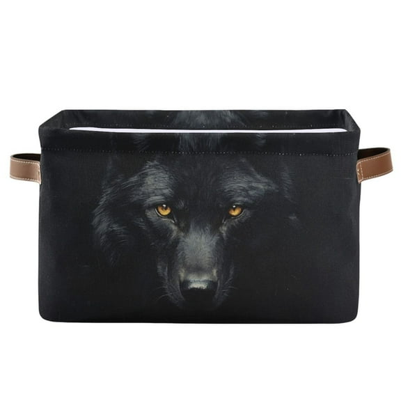 WOBOGO Dark Wolf Face Square Storage Basket with Waterproof Canvas and PE Lining Durable PU Leather Handles 14.2×10.2×8.3in