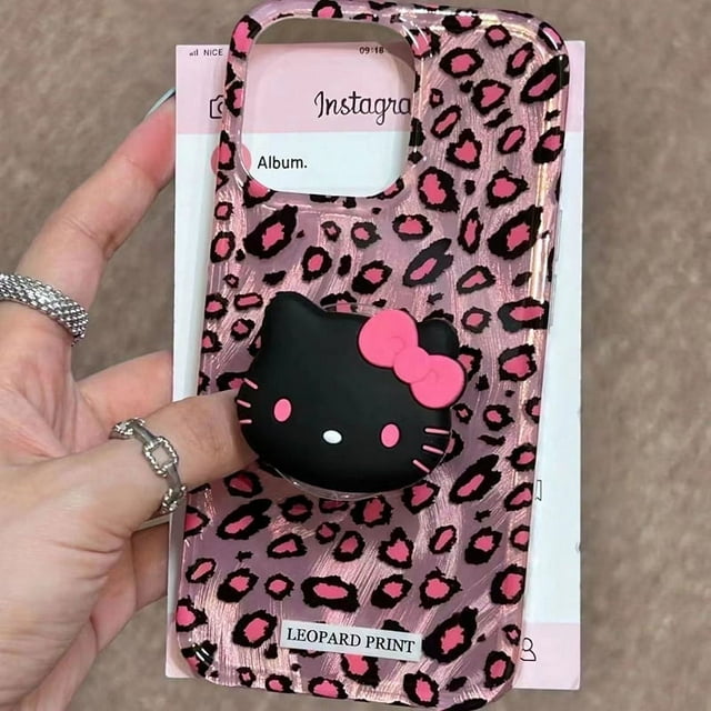 Color Leopard Hello Kitty Grip Tok Holder Étui Rigide pour iPhone 16 15 Pro 14 Plus 13 Pro Max 12 Mini 11 X TP 7 2 7 Plus 8 Plus