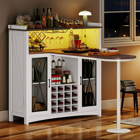 Uforic Wine Cabinet with Power Outlets & LED Lights, Bar Table with Wine Storage & Glass Rack, White