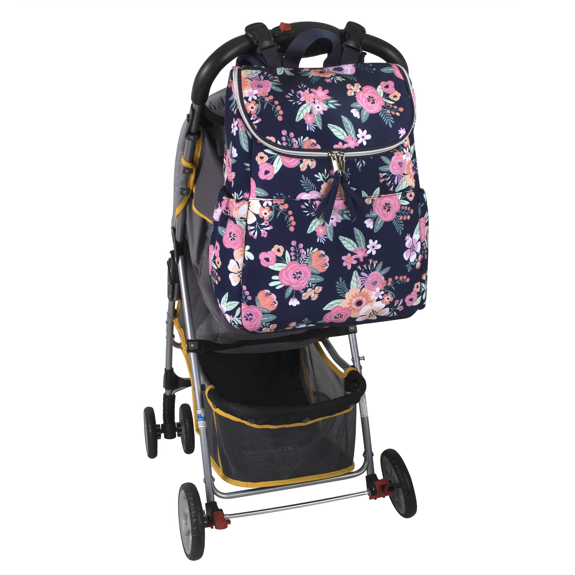 Baby Essentials 2 Piece Baby Diaper Backpack with Stroller Straps and Matching Changing Pad in Navy Blue & Baby Pink Floral