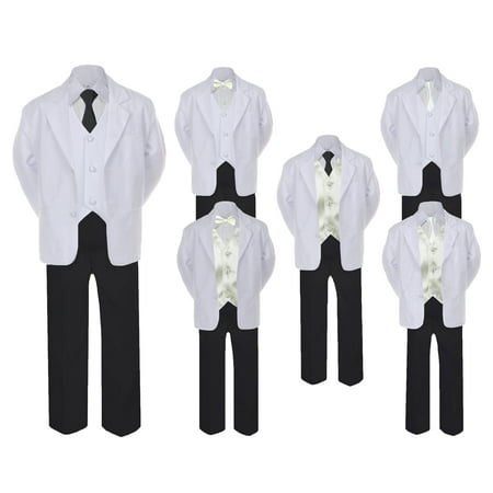 

5-7pc Formal Black White Suit Set Ivory Bow Long Tie Vest Boy Baby Sm-20 Teen