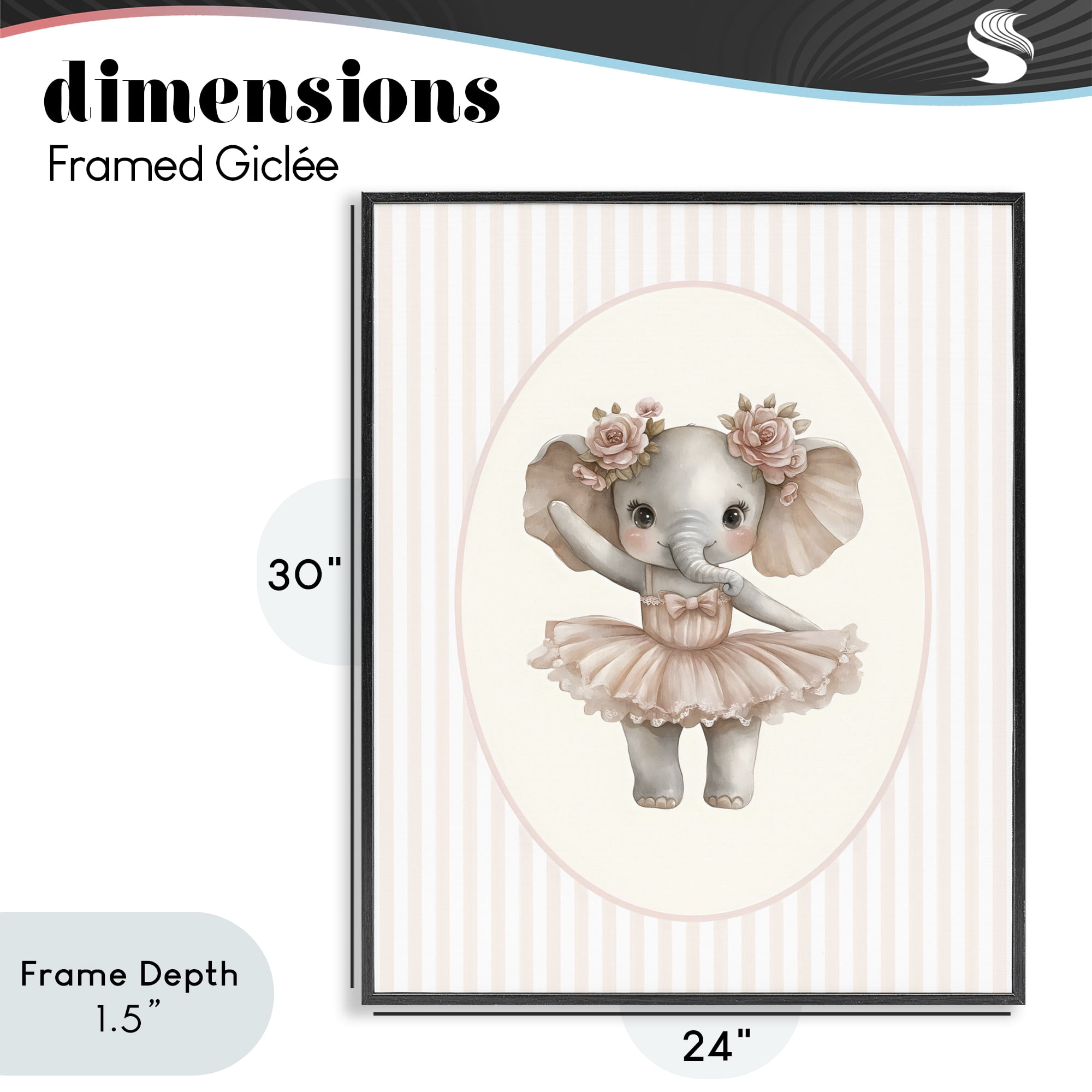 Stupell Industries Nursery Ballerina Elephant Striped Black Framed Giclee Art, design by LSR Design Studio