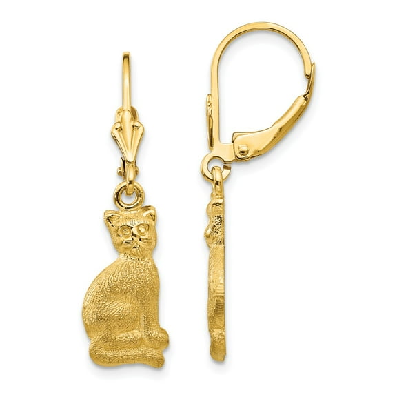 Real 14kt Yellow Gold Satin Cat Dangle Leverback Earrings; for Adults and Teens; for Women and Men