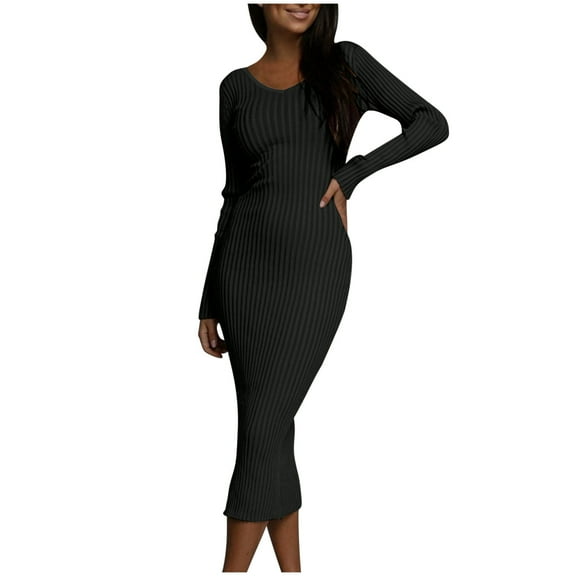 Women Casual Long Sleeve Bodycon Knit Sweater Dress Crew-Neck Slim Fit Mid Long Dress Basic Solid Color Dresses