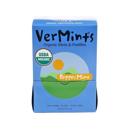 VerMints Organic Mints/Pastilles, Peppermint, 2 Mints/0.7 oz Individually Wrapped, 100/Box