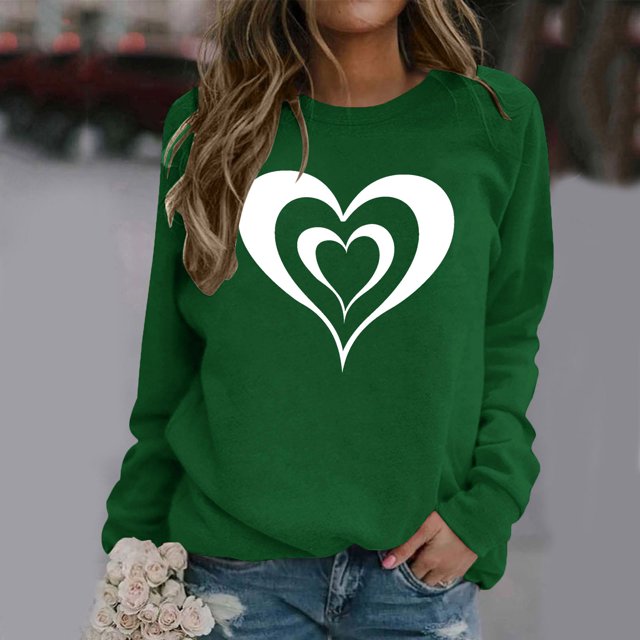 Fartey 2025 Chandail en Molleton pour Femmes Saint-Valentin Décontracté Manches Longues Col Rond Chandail Mignon Graphique Mode Vacances Chandails en Molleton Vert