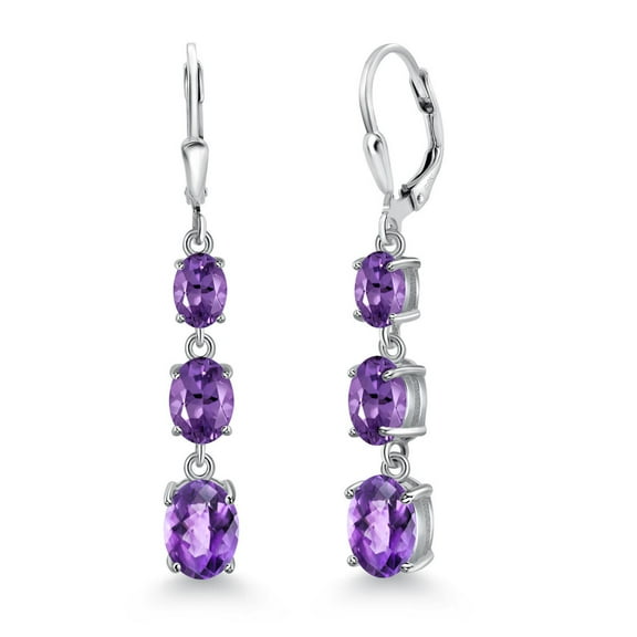 Gem Stone King 925 Sterling Silver Purple Amethyst 3 Stone Dangle Earrings for Women (4.80 Cttw, Gemstone February Birthstone, Oval Checkerboard 8X6MM, 7X5MM and 6X4MM)
