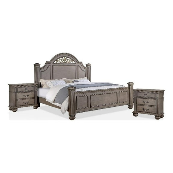 FOA Damos 3-Piece Gray Solid Wood Panel Bedroom Set - King   2 Nightstands